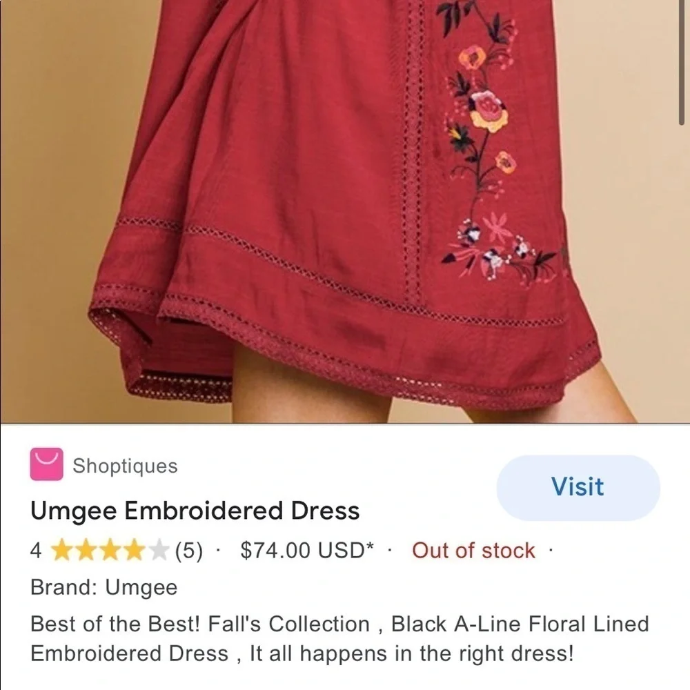 Umgee Boho Embroidered Burgundy Lace Shift Dress Spring Brunch Vacation  Size S - Picture 5 of 12